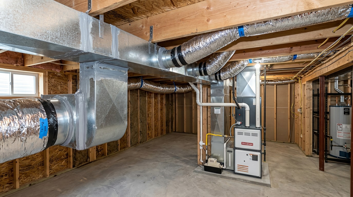 New galvanized sheet metal HVAC ductwork installed in a Stanley, WI home basement New galvanized sheet metal HVAC ductwork installed in a Stanley, WI home basement