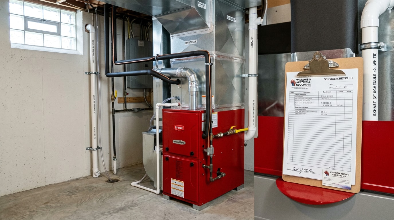 Finished furnace installation with a written service invoice on the cabinet in a Wisconsin basement Finished furnace installation with a written service invoice on the cabinet in a Wisconsin basement